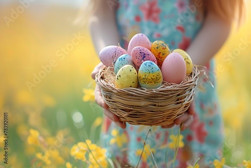 Child clutching a basket filled with vibrant Easter eggs. Generative Ai