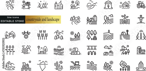 Line icons about countryside and landscape. Thin line icon set. Symbol collection in transparent background. Editable vector stroke