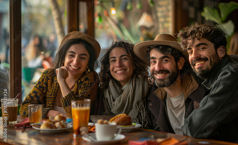 Group of friends sitting in a cafe enjoying some time together. Friends chatting, joking and enjoying their friendship. Relationships between friends, meeting to hang out, meeting to have fun.