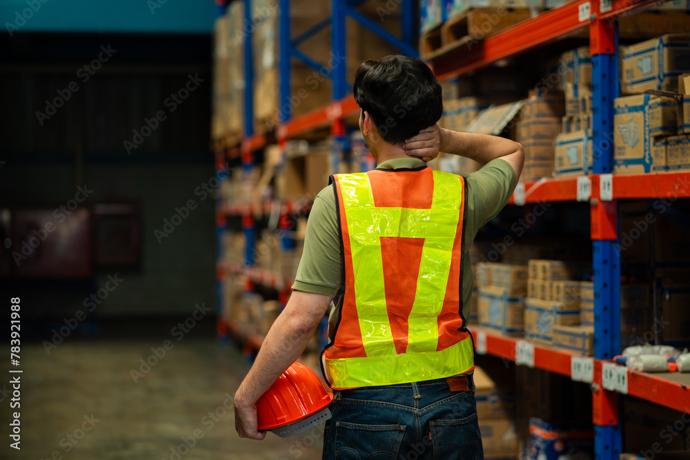 A man in a safety vest is looking down at his neck A man in a safety vest is looking down at his neck