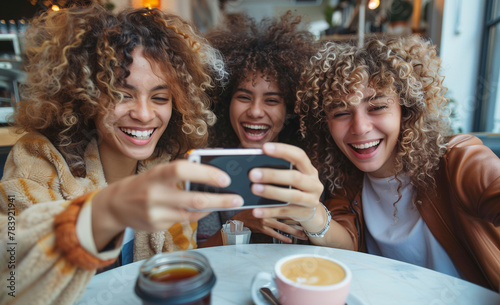 A group of friends of different ethnicities have fun, joke and take a selfie, while having a coffee in a cafe. Moments between friends, complicity and camaraderie. photo