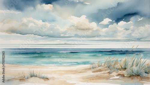 Serene watercolor composition showcasing tones of cerulean, sandy beige, and seafoam green, capturing the tranquil beauty of a seaside escape under a cloudy sky.