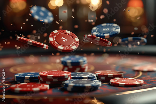 Set of casino poker chips falling from the air onto a beautiful game table