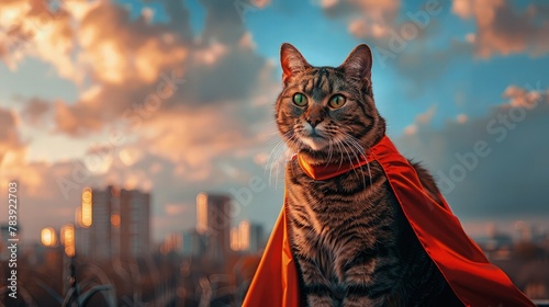 A heroic cat clad in a vibrant red superhero costume, standing proudly atop a towering city building against the backdrop of a bustling metropolis.