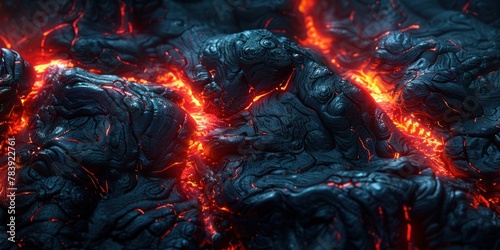 Detailed view of hot lava flowing among volcanic rocks