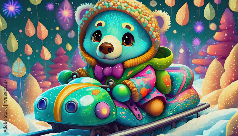 OIL PAINTED STYLE CARTOON CHARACTER Multicolored a baby cute polar bear rides a snowmobile