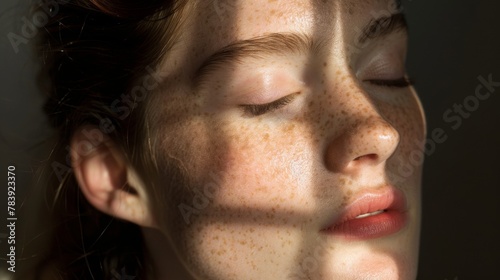 Serene Freckled Woman with Natural Light Shadows on Face