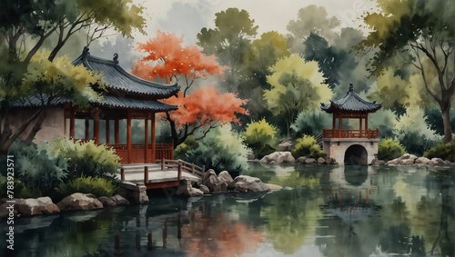 Serene watercolor landscape capturing the tranquility of a Chinese garden pavilion.