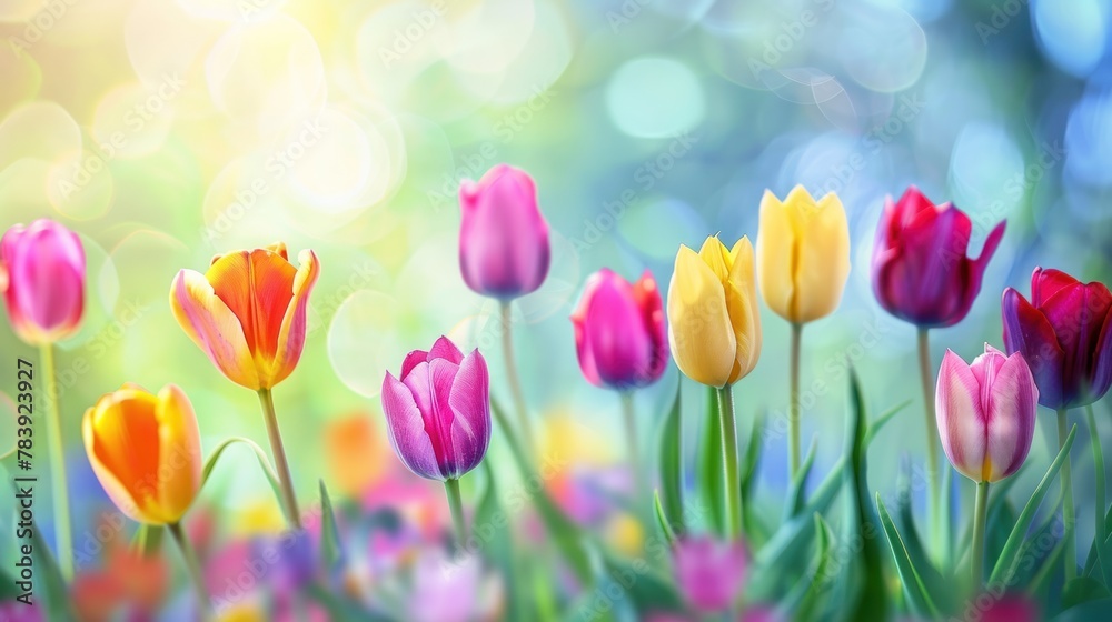 A whimsical display of tulips in soft focus, with each flower backlit by a dance of luminous bokeh, capturing the freshness of spring.