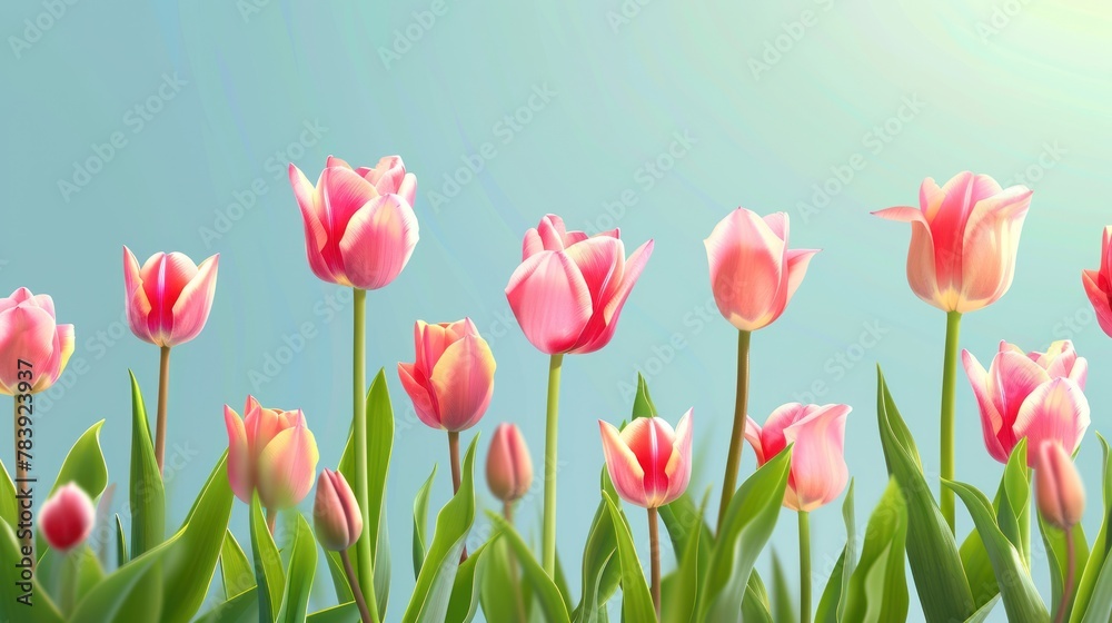Soft pink tulips reach upwards, contrasting beautifully against a pastel blue sky, evoking a sense of calm and serenity.