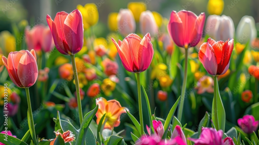 Close-up of radiant tulips in a myriad of colors, with soft sunlight enhancing their beauty in a lush flowerbed.