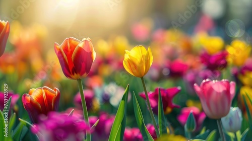A captivating tulip garden illuminated by the golden glow of the sun, showcasing a spectrum of vivid colors and soft bokeh.