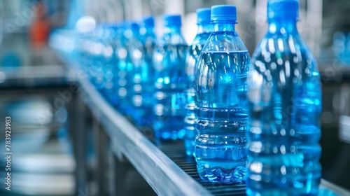 Closeup on mineral water bottles in lines at the factory.