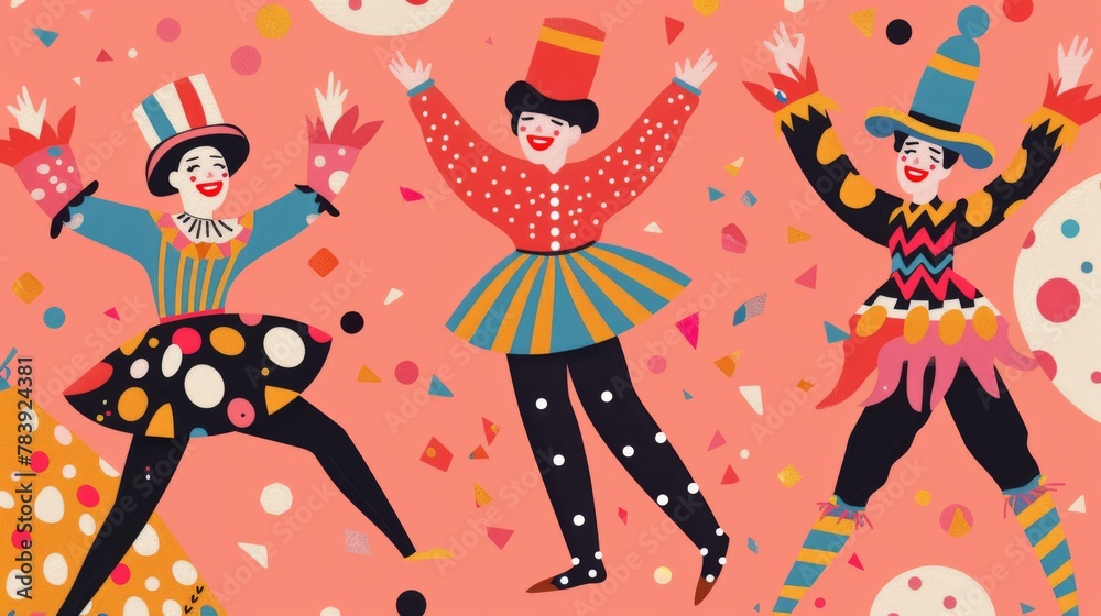 Vibrant Circus Clown Illustration with Festive Confetti