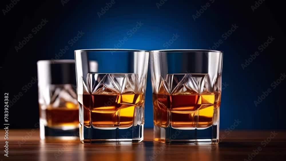 Three glasses filled with whiskey and ice stand on wooden table over dark blue background. Three glasses of whiskey with ice isolated closeup slow motion rotation