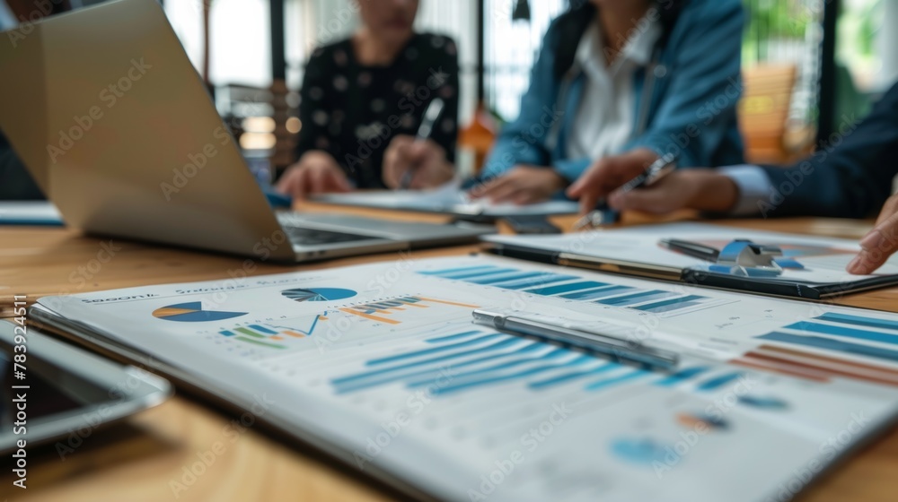 Collaboration, technology and workers with research or financial strategy paper in company. Collaboration, technology and workers with research or financial strategy paper in company.