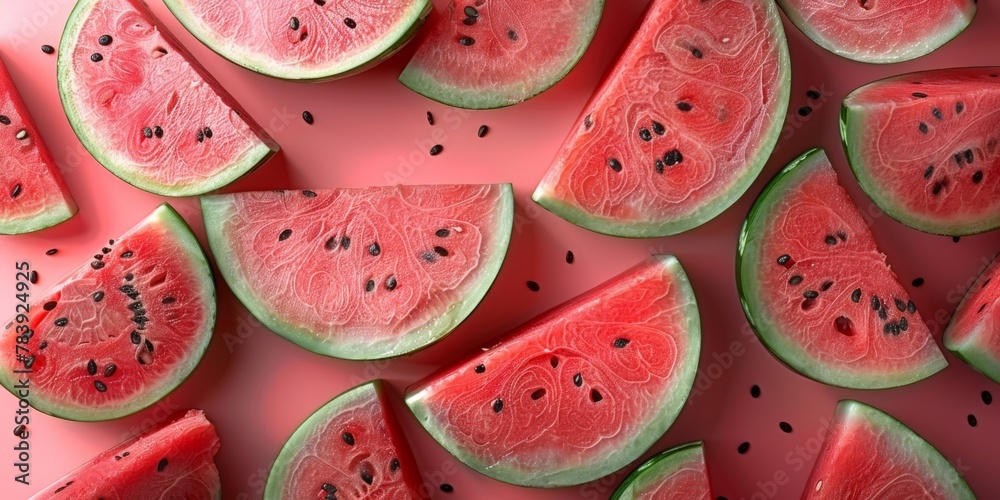 Slices of watermelon on a pink surface Slices of watermelon on a pink surface