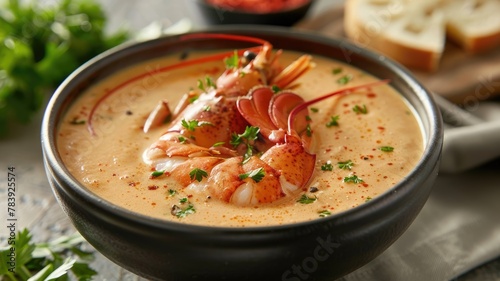 Delicious lobster bisque served in a bowl - A creamy and savory seafood soup with juicy pieces of lobster meat garnished with spices and parsley Perfect for fine dining menus
