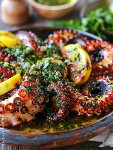 Grilled octopus served with lemon and herbs - A tantalizing plate of grilled octopus seasoned with herbs, served with lemon slices for a refreshing citrus twist