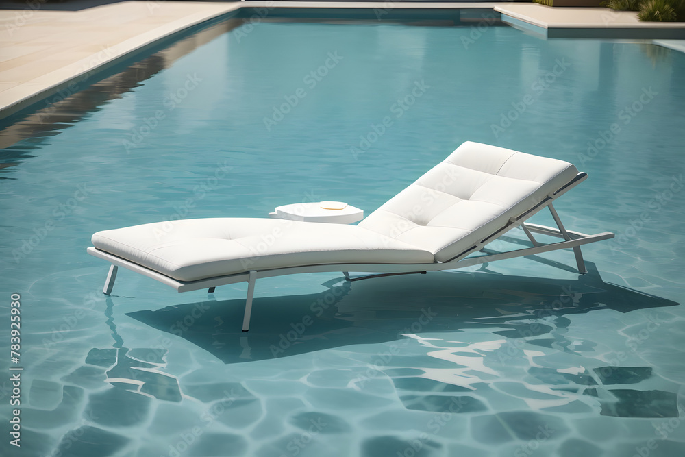 Fototapeta premium Two lounge chairs gently float in a serene pool of crystal-clear water design.