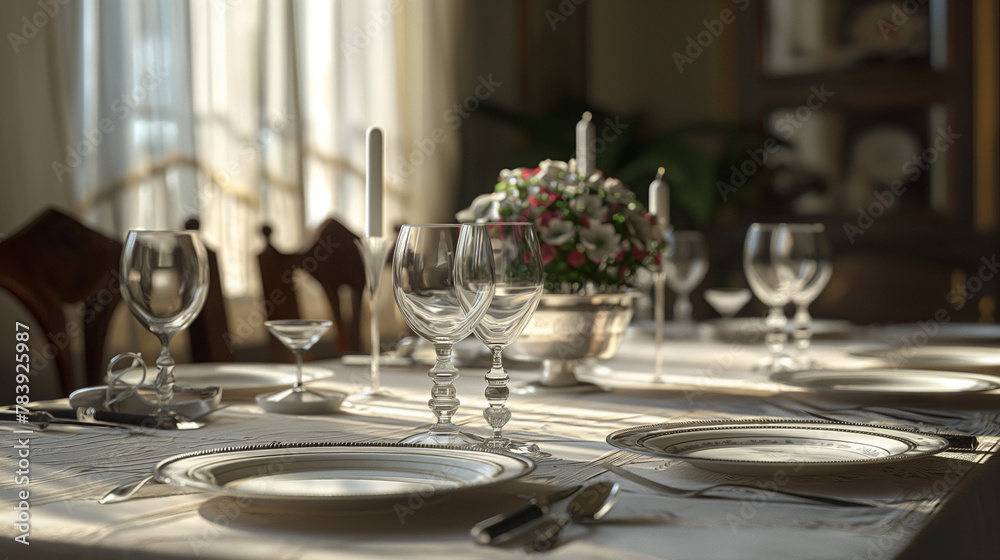 Sunlit Elegant Dining Room Setup, Ready for a Celebratory Banquet with Copy Space.