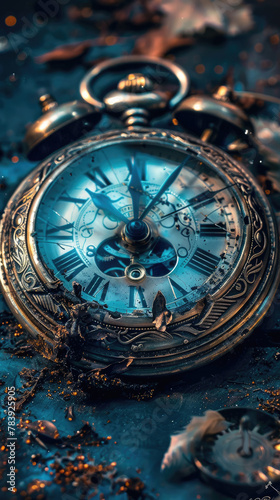 Intricate vintage pocket watch on blue - An elaborate vintage pocket watch with ornate hands and a compass lies on a blue textured surface