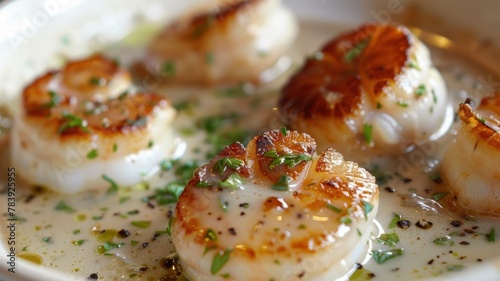 Seared scallops close-up in creamy sauce - Close-up image capturing the rich texture and golden sear of succulent scallops in a creamy sauce, splendid for culinary themes