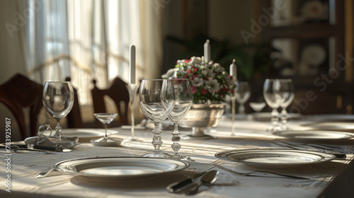 Sunlit Elegant Dining Room Setup  Ready for a Celebratory Banquet with Copy Space.