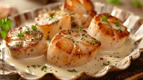 Seared scallops with herbs on plate - Golden-brown seared scallops adorned with fresh herbs served on a classic cream plate, invoking a sense of culinary delight photo