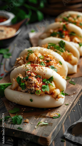 Delicious bao buns with chicken filling - Freshly prepared chicken bao buns garnished with green onions and spices, served on a rustic wooden board photo