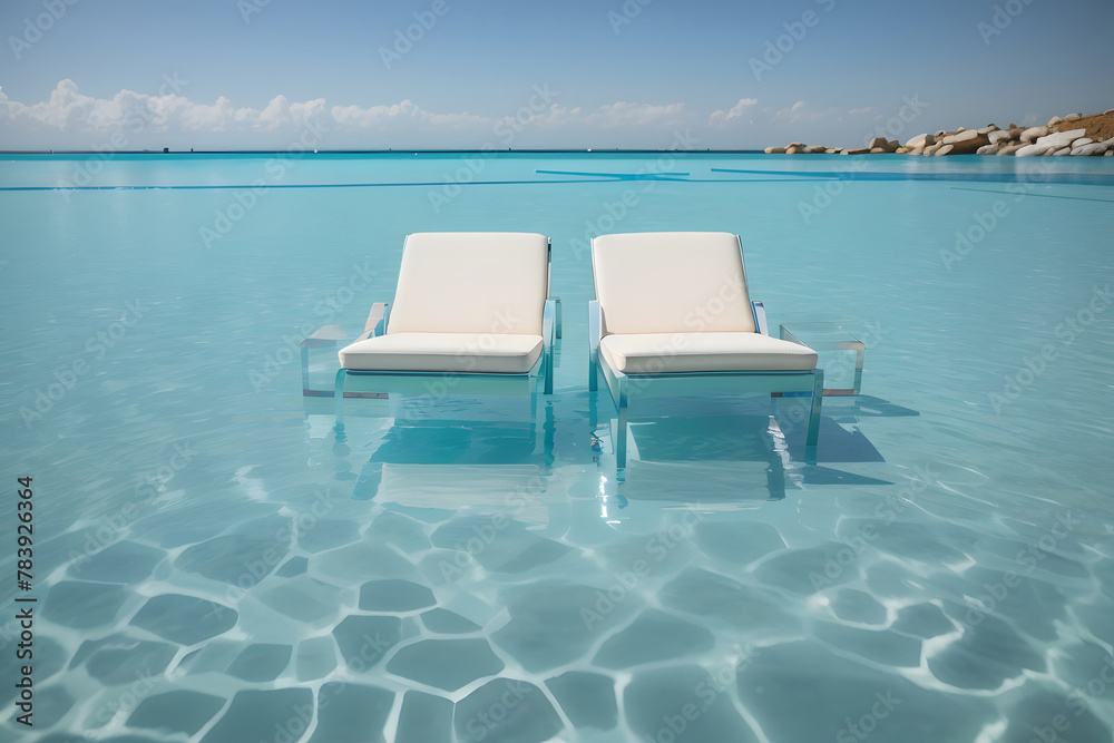 Two lounge chairs gently float in a serene pool of crystal-clear water design.