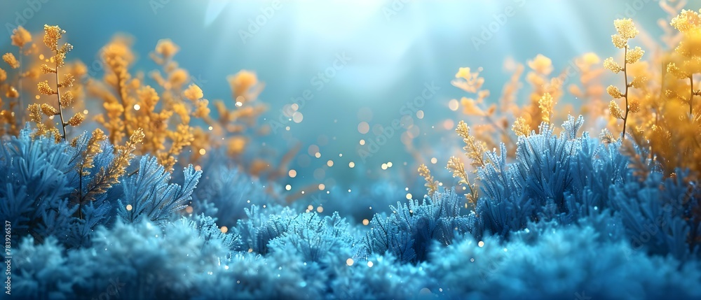 Golden Blooms in Blue Depths. Concept Floral Photography, Underwater Photoshoot, Nature Inspired Shoot, Golden Blooms, Aquatic Setting