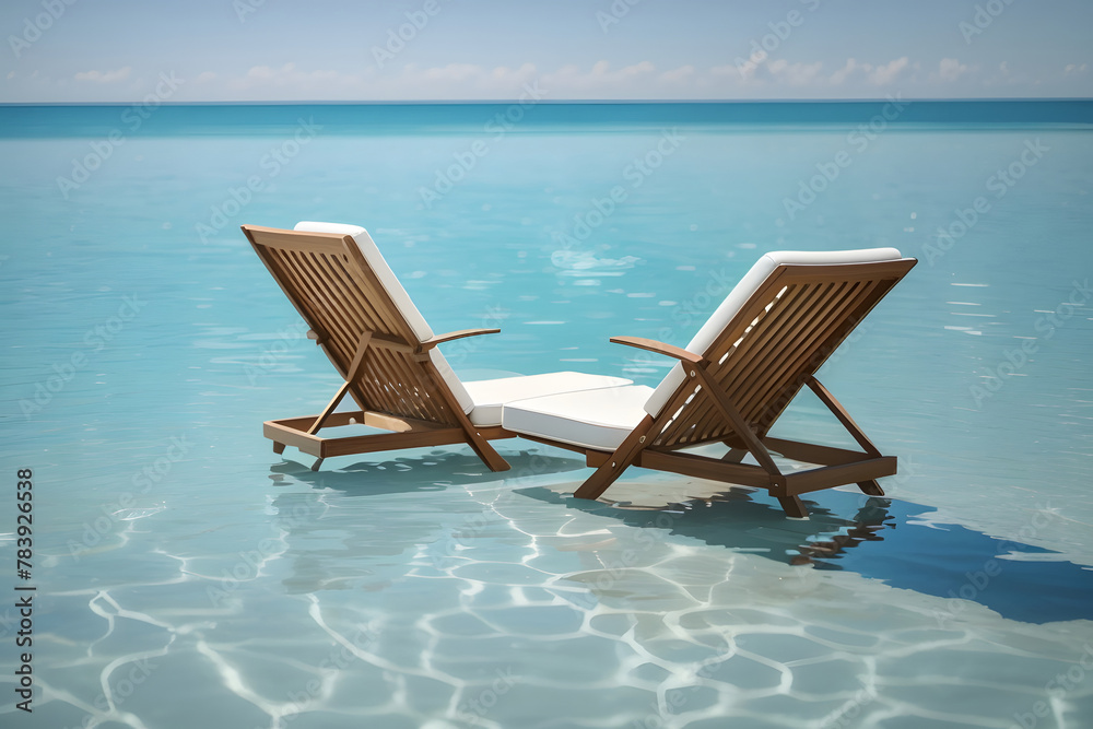Two lounge chairs gently float in a serene pool of crystal-clear water design. Two lounge chairs gently float in a serene pool of crystal-clear water design.