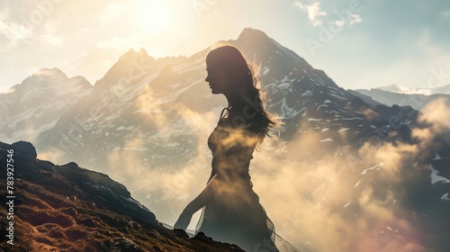 The picture of the young or adult female human doing the standing pose for relaxation or meditating the mind in the middle of the nature under bright sun in the daytime of a dawn or dusk day. AIGX03.