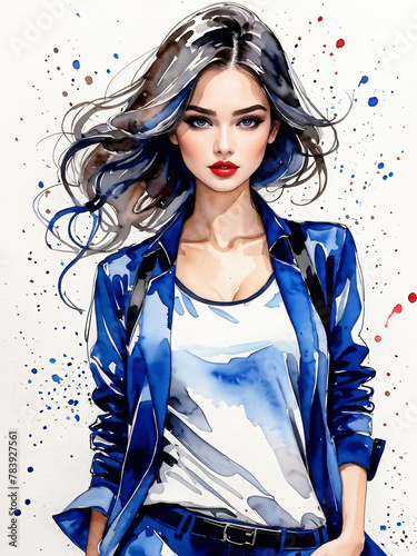 Watercolor elegant girl fashion illustration in blue colors, fashion girl. Young woman illustration for web, poster, print, fashion concept. 