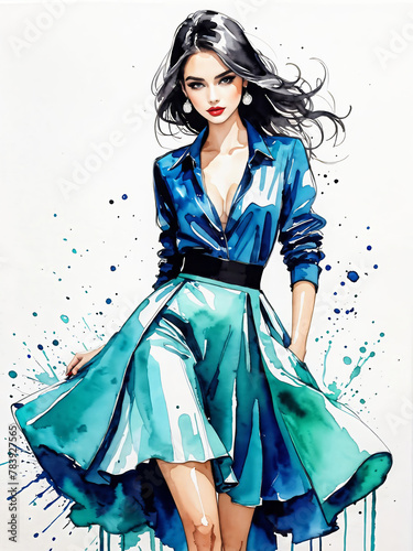 Watercolor elegant girl fashion illustration in blue colors, fashion girl. Young woman illustration for web, poster, print, fashion concept. 