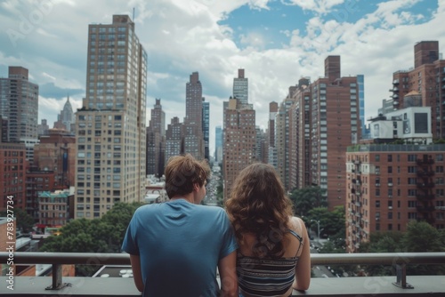 Caucasian couple sitting and enjoying the view of the new york city skyline from behind