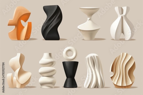 Colorful abstract sculptures set illustration. A vibrant collection of various abstract sculptures  presented with a lively color palette and dynamic shapes capturing attention