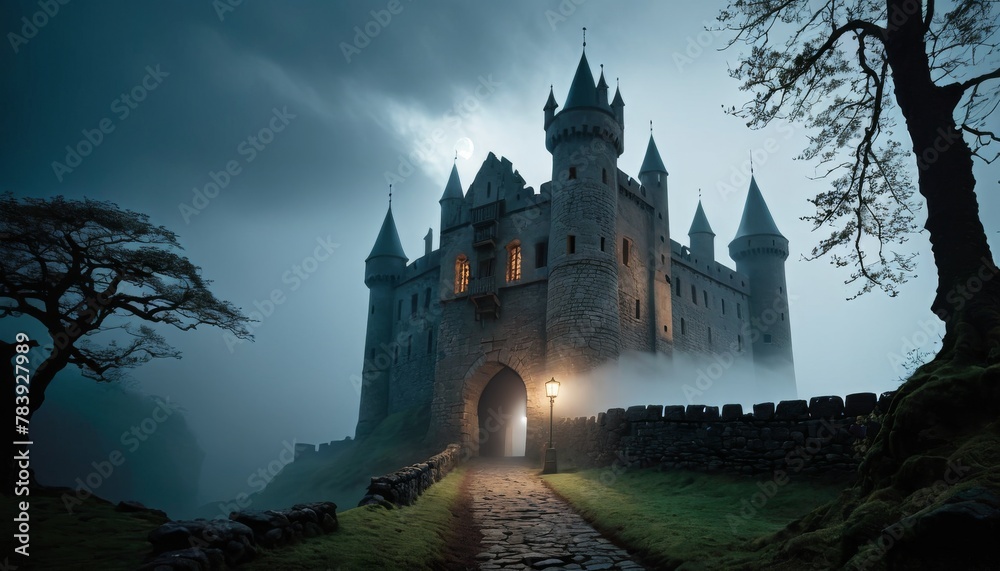 A majestic medieval castle emerges from the mist, its turrets and spires silhouetted against a brooding dawn sky, with an illuminated path leading to its arched gateway.. AI Generation