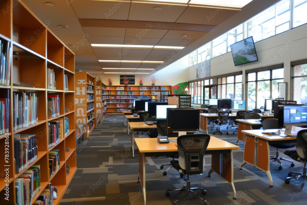 Modern Library Workspace with Digital Devices Modern Library Workspace with Digital Devices