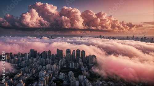 Cityscape with pink clouds