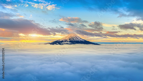 Aerial view of Fuji mountain and morning mist at sunrise, Japan.