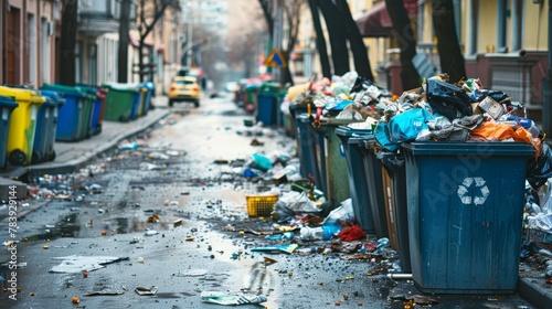 Overfilled waste bins on an urban street with trash strewn around