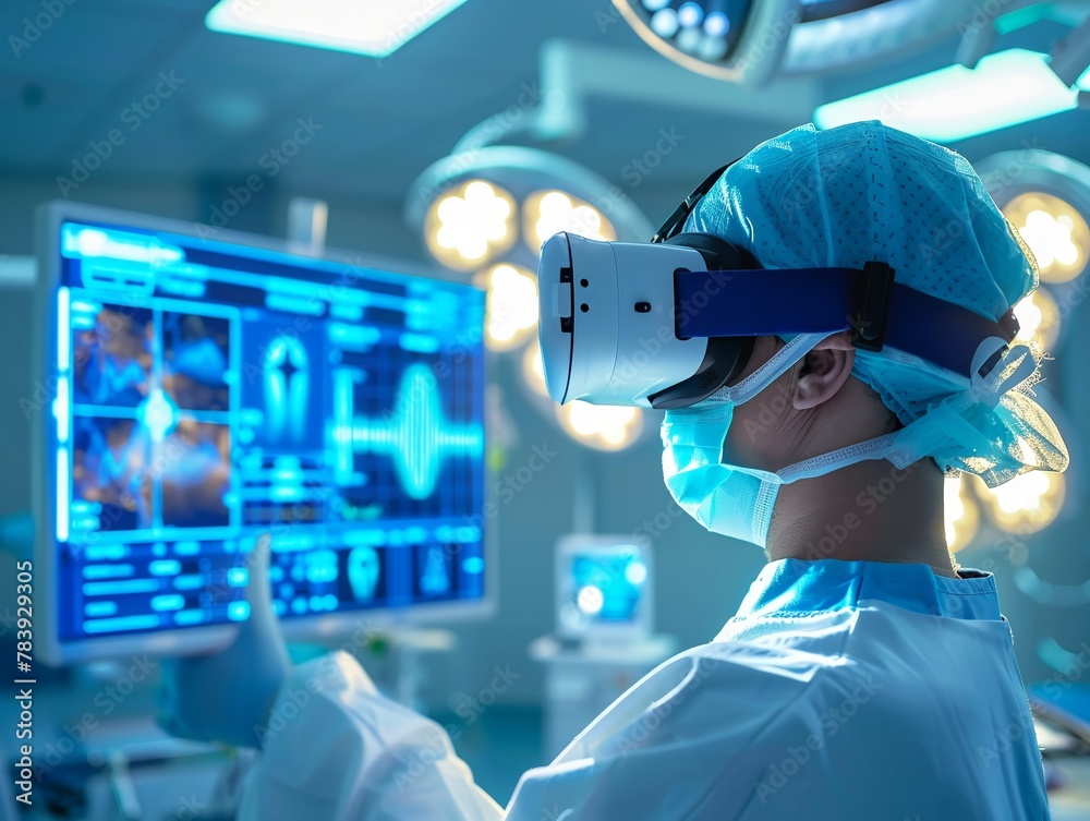 High-definition 16K stock photo, VR headset worn by a surgeon, displaying detailed patient data in blue and white holographic projections High-definition 16K stock photo, VR headset worn by a surgeon, displaying detailed patient data in blue and white holographic projections