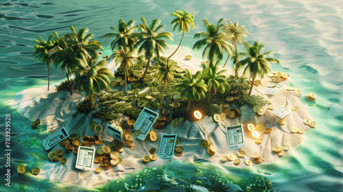 Tropical Tax Haven Island Concept with Coins and Documents photo
