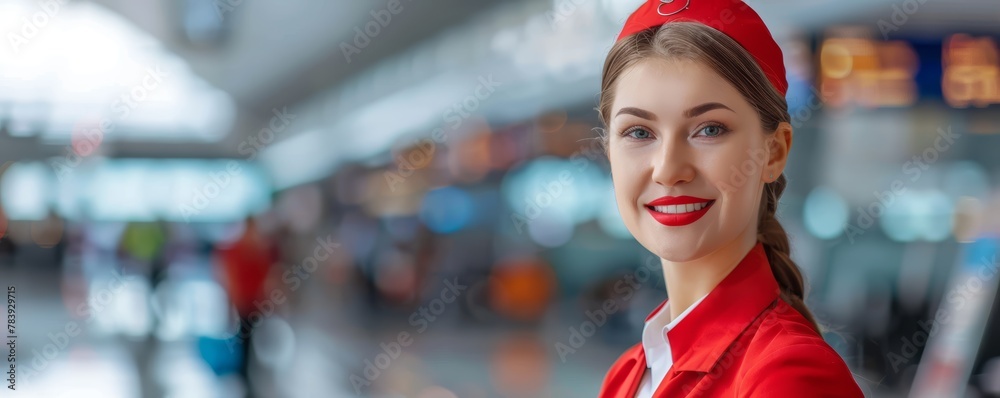 Smiling flight attendant at airport. Professional uniform and customer service concept.