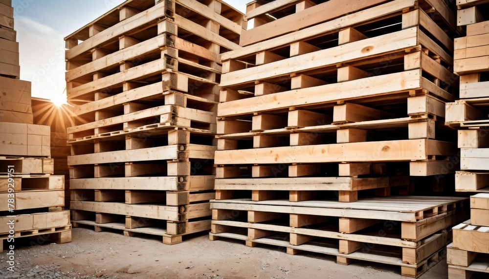 Stacked wooden pallets catch the glow of the setting sun, symbolizing shipping and logistics in a warehouse setting.. AI Generation Stacked wooden pallets catch the glow of the setting sun, symbolizing shipping and logistics in a warehouse setting.. AI Generation