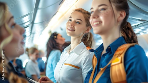 Airline cabin crew interacting with passengers. photo