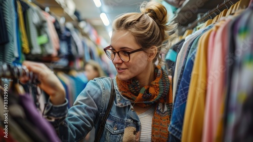 Focused young woman with glasses selecting clothes in a colorful boutique. Casual urban shopping photo