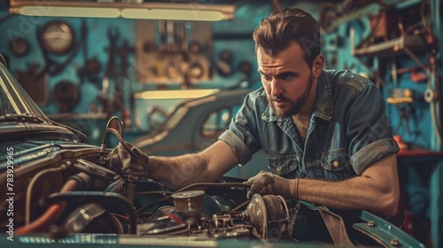 Serious male mechanic inspecting vehicle engine in a mechanic shop. Car repair and mechanical expertise concept photo
